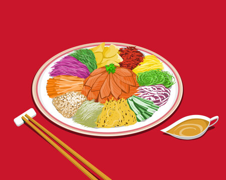 A plate of prosperity salad or Yu Sheng with sauce on red background. Isolated Yu Sheng vector illustration.