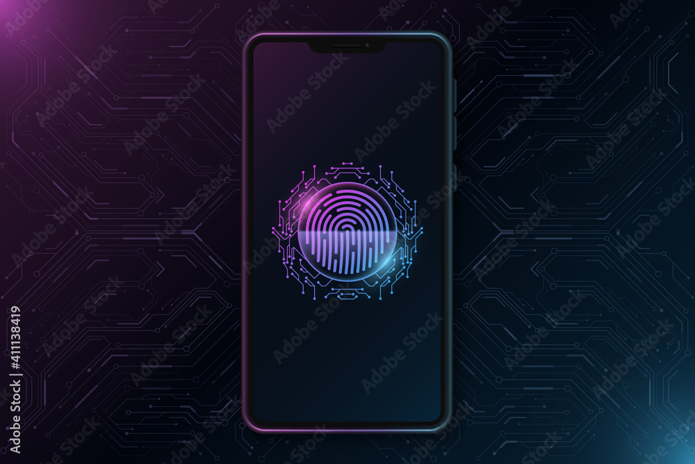 Poster smartphone mockup with futuristic fingerprint on touch screen. biometric data security. data protect