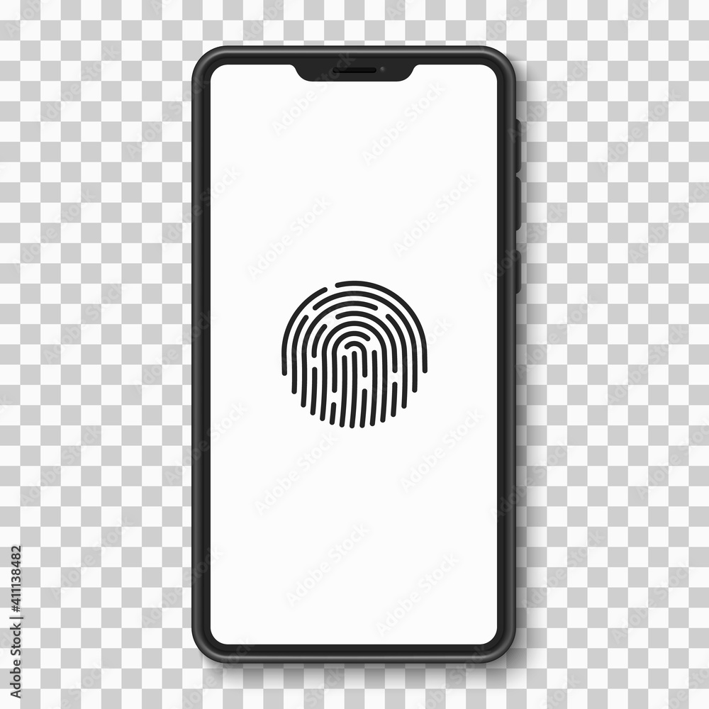 Poster smartphone with touch screen fingerprint scanning on a transparent background. ui and ux. dark mobil