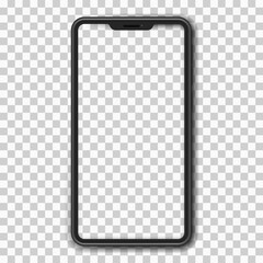 Smartphone with blank screen on a transparent light background. UI and UX. Dark mobile phone wireframe with buttons. Technological innovation element. Vector illustration.