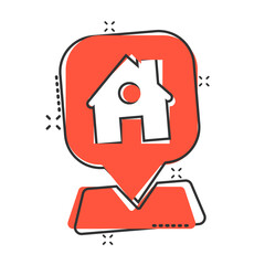 Home pin icon in comic style. House navigation cartoon vector illustration on white isolated background. Locate position splash effect business concept.