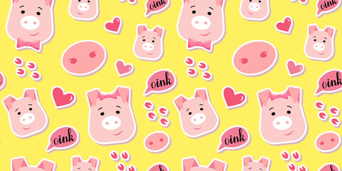 Cute piglet vector seamless pattern. Happy pig head with hand drawn lettering in cartoon style. Nice repeated illustration for fabric, kids pajamas, wallpaper, book cover.