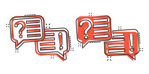 Question and answer icon in comic style. Dialog speech bubble cartoon vector illustration on white isolated background. Forum chat splash effect business concept.