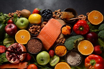 Healthy food background fruits vegetables, salmon, honey, seeds, superfood, cereals,
