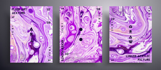 Abstract vector placard, texture set of fluid art covers. Artistic background that can be used for design cover, invitation, presentation and etc. Lavender and white creative iridescent artwork