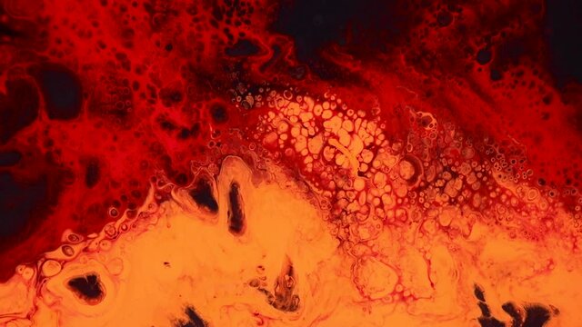 Fluid art lava painting footage, abstract acryl texture with flowing effect. Liquid paint mixing artwork with splash and swirl. Detailed background motion with orange, black and red overflowing colors