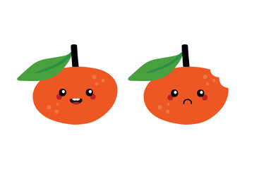 Cute cartoon style clementine, mandarin characters, happy smiling and sad with bite mark.
