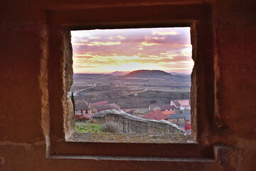 Sunrise through a window in castle, San Vicente de la Sonsierra, La Rioja, Spain