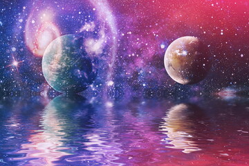 Beautiful unusual space planet in space reflected in water, galaxy stars night sky ,Elements of this Image Furnished by NASA , - obrazy, fototapety, plakaty