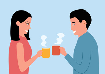 Man and woman drinking hot coffee or tea during meeting at office. Coffee break. Coffee lover.