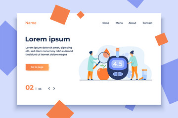 Doctors testing blood for sugar and glucose, using magnifying glass and glucometer for hypoglycemia or diabetes diagnosis. Vector illustration for awareness day, medicine, health care concept