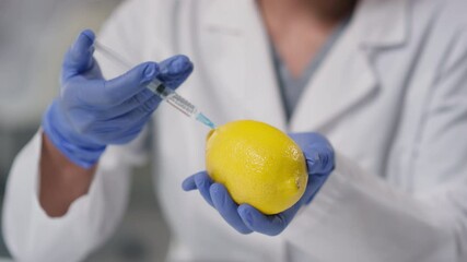 Close up of unrecognizable technologist injecting artificial vitamin c to genetically modified lemon in lab - Powered by Adobe