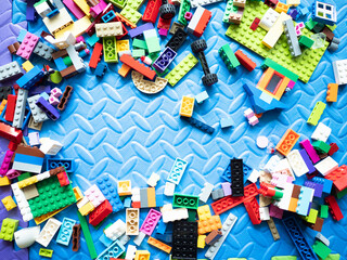 Top view of pieces of block toys on the ground