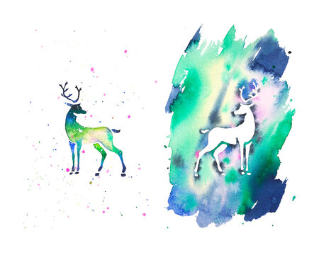 Watercolor abstract splashes silhouettes pair of deers. Hand drawn illustration