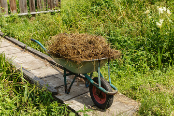 garden cart with natural cow manure. the cart stands on a wooden bridge.