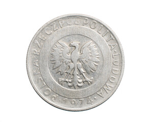 twenty Polish zloty coin on a white isolated background