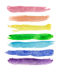 Seven watercolor rainbow colored lines isolated on white background. Hand-drawn brush strokes. LGBTQ concept