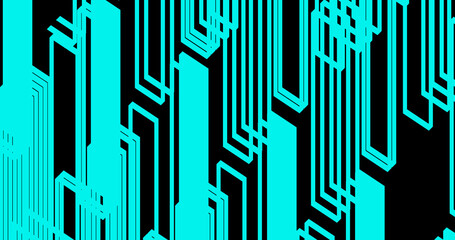 Render with a light blue background of glowing rectangles on a black background