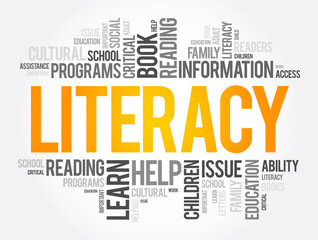Literacy word cloud collage, education concept background