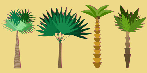 set of various palm trees on a yellow background