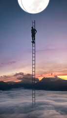 Silhouette of a man standing on a very high ladder.