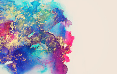 art photography of abstract fluid art painting with alcohol ink, blue, pink, purple and gold colors
