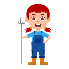 Cute girl gardener With fork Cartoon Vector Illustration. People education Concept Isolated Vector. Flat Cartoon Style.