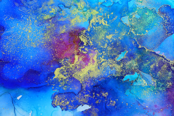 Naklejka na ściany i meble art photography of abstract fluid art painting with alcohol ink, blue, pink, purple and gold colors