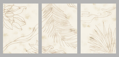 Creative aesthetic posters in Japanese vintage style. A4 vertical illustrations. Set of three backgrounds with watercolor texture and thin lines, traditional pattern, plants, leaves.