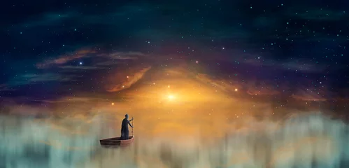 Mann in Kapuze, Zauberer, der auf Schiff in Wolken am Sonnenunterganghimmel mit Sternen schwimmt. Digitale Malerei, 3D-Rendering © Space Creator