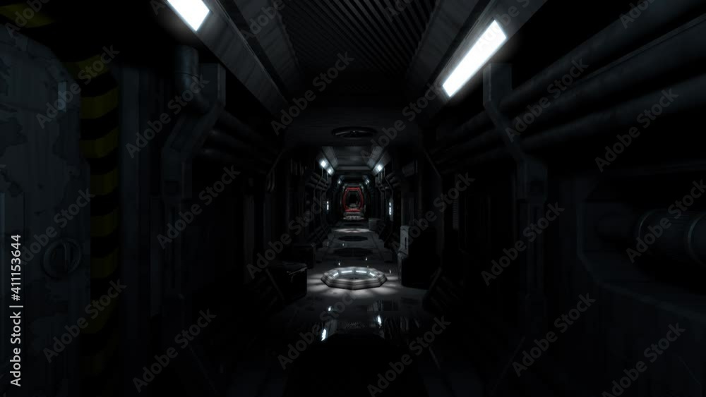 Wall mural scary empty sci fi spaceship corridor with evacuation alarm. 3d rendering. seamless loop.