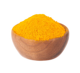 Dry turmeric powder in wooden bowl, isolated on white background. Curcuma longa linn.