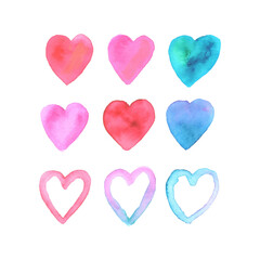 Hand Drawn Multicolor Hearts With Watercolor, Love, Valentine's.