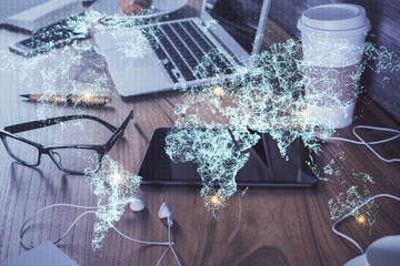 Double exposure of social network theme drawing and cell phone background. Concept of people connection over the world