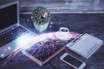 Double exposure of social network theme drawing and cell phone background. Concept of people connection over the world