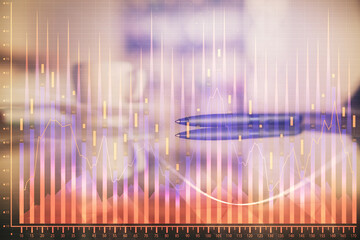 Double exposure of forex chart over coffee cup background in office. Concept of financial analysis and success.