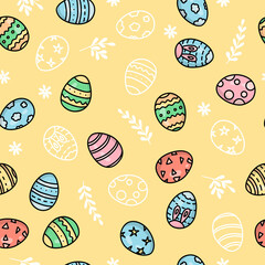 Pattern with Easter eggs. Colorful vector illustration on a yellow background. Doodle.