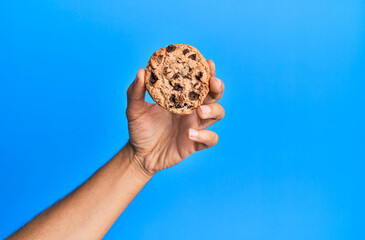 Hand of young hispanic man holding chocolate cookie over isolated blue background.