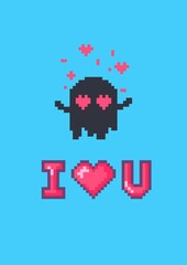 Valentines day card with pixel cartoon ghost.