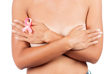 woman with pink breast cancer ribbon
