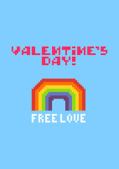 Valentines day greeting card with pixel rainbow.