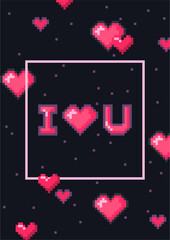 Valentines day greeting card with pixel hearts.