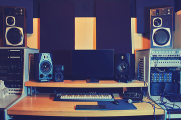 Computer, speakers and audio equipment on the table in the recording studio