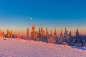 moon in the evening sky in winter. view from the ski slope