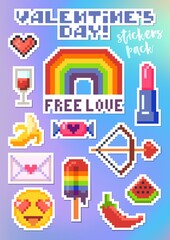 Set of stickers for Valentines Day. Pixel art.