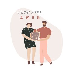 Man and woman with little plant in the flower pot , handwritten motivational quote : grow your love. Vector illustration