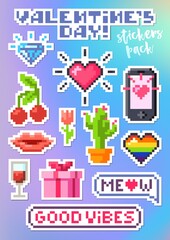 Set of stickers for Valentines Day. Pixel art.