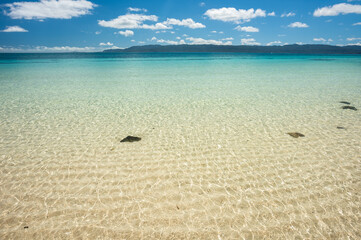 Crystal clear water with wavy sands and Iriomote island on background, Japan.