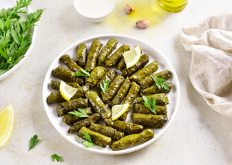 Dolma, stuffed grape leaves with rice and meat
