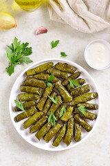 Dolma, stuffed grape leaves with rice and meat